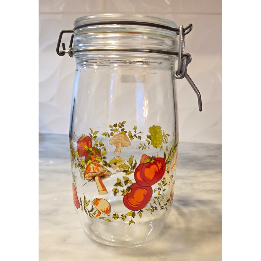 Made in France Vintage Clear Glass Clamp Lid Storage Jar Floral Nature 1.5 L